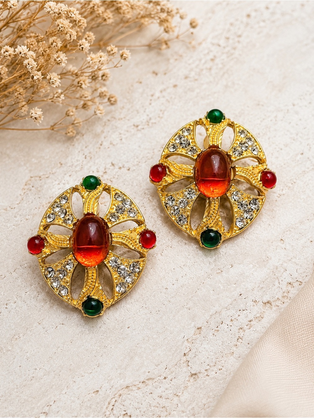429. Vintage 80s Mogul Revival Red Green Rhinestone Gold Statement Earrings